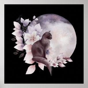 Zwarte Kat met een Magische Volledige maan Poster