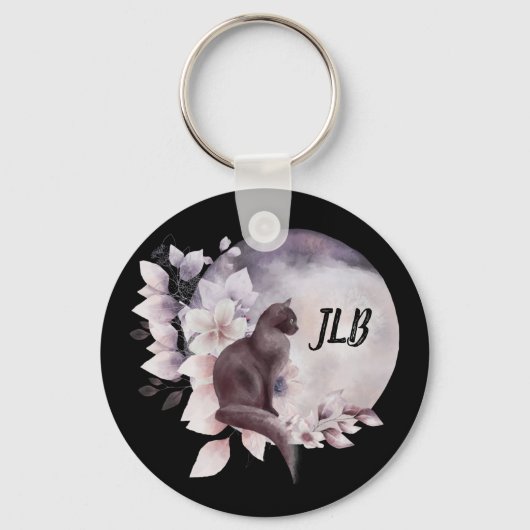 Zwarte Kat met een Magische Volledige maan Sleutelhanger (Voorkant)