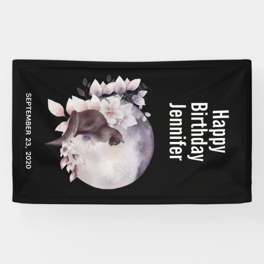 Zwarte Kat met een Magische Volledige maan Spandoek (Horizontaal)