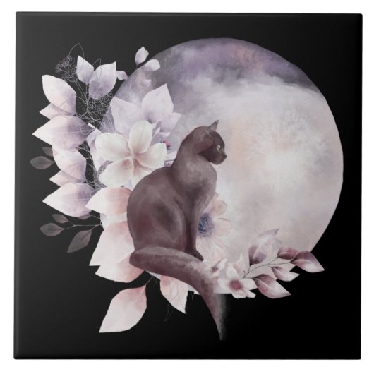 Zwarte Kat met een Magische Volledige maan Tegeltje (Voorkant)