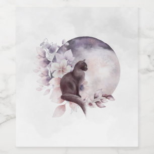 Zwarte Kat met een Magische Volledige maan Wijn Etiket