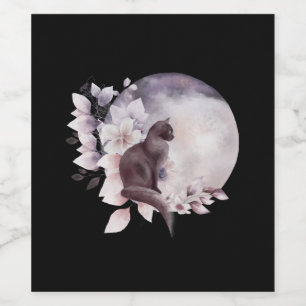 Zwarte Kat met een Magische Volledige maan Wijn Etiket