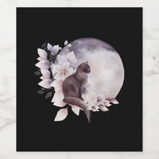 Zwarte Kat met een Magische Volledige maan Wijn Etiket (Enkel label)