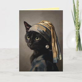 Zwarte Kat met een Parel Oorbel Wenskaart Feestdagen Kaart