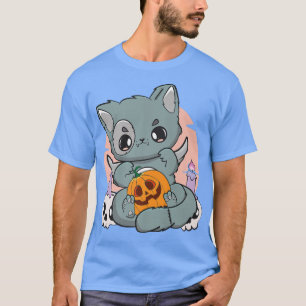 Zwarte kat met een pompoen chibi neko voor Ha T-shirt