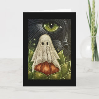 ZWARTE KAT MET EEN SPOOK HALLOWEEN Vouwkaart Notitiekaartje