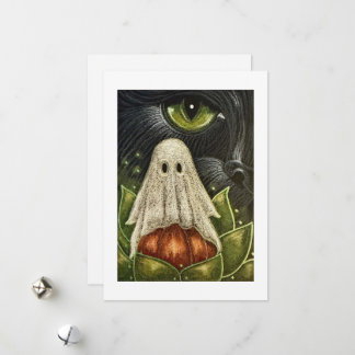 Zwarte Kat met een Spook Plat Halloween Kaart
