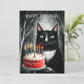 Zwarte kat met een taart gothic feestdagenkaart (Staand voorkant)