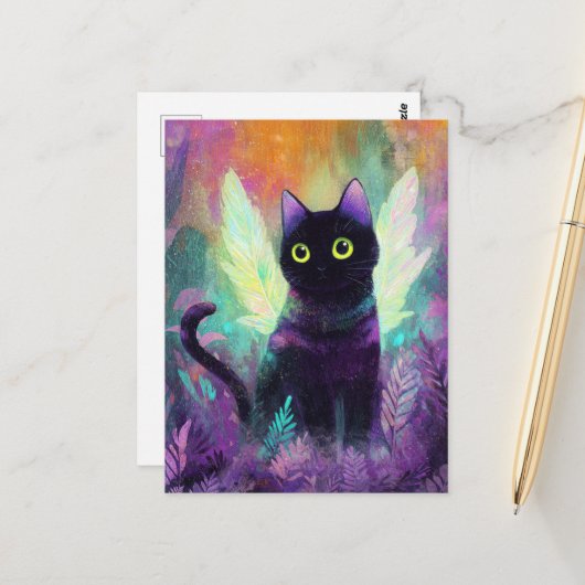 Zwarte Kat Met Engelenvleugels Briefkaart (Voorkant / Achterkant in situ)