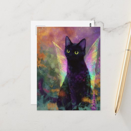 Zwarte Kat Met Feeënvleugels Briefkaart (Voorkant / Achterkant in situ)