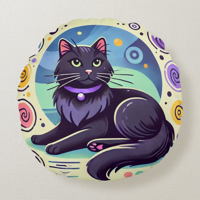 Zwarte kat met felgekleurde achtergrond rond kussen (Voorkant)