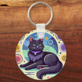 Zwarte kat met felgekleurde achtergrond sleutelhanger (Achterkant)