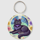 Zwarte kat met felgekleurde achtergrond sleutelhanger (Achterkant)