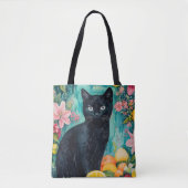 Zwarte Kat met Fruit Tote Bag (Voorkant)