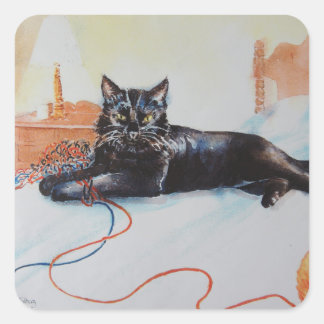 Zwarte kat met garen vierkante sticker