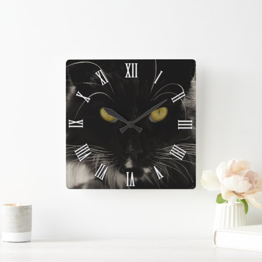 Zwarte kat met geelogen, liefdeskatten vierkante klok (Huis)