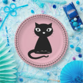 Zwarte kat met gekrulde staart papieren bordje (Feest)