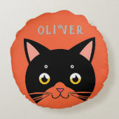 Zwarte kat met gele ogen en snorharen rond kussen (Achterkant)