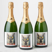 Zwarte kat met gele ogen sparkling wijnetiket (Flessen)