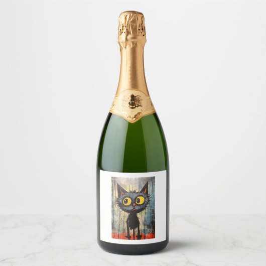 Zwarte kat met gele ogen sparkling wijnetiket (Voorkant)
