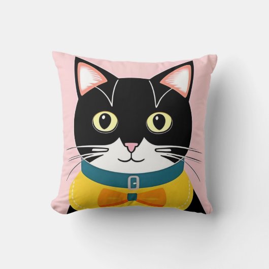 Zwarte Kat Met Gele Strikdas en Halsband Kussen (Voorkant)