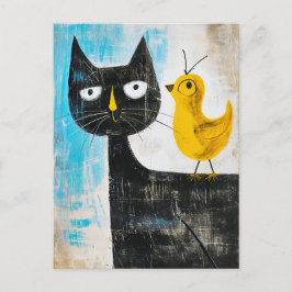 Zwarte kat met gele vogel op de rug briefkaart