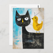 Zwarte kat met gele vogel op de rug briefkaart (Voorkant / Achterkant)