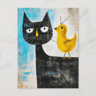 Zwarte kat met gele vogel op de rug briefkaart