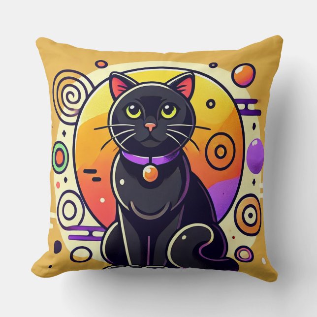 Zwarte Kat Met Geometrische Patronen Kussen (Voorkant)