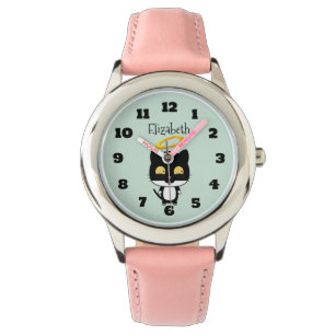 Zwarte kat met Golden Halo Cute Angel, gepersonali Horloge