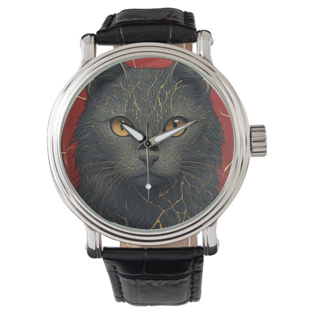 Zwarte Kat Met Gouden Kintsugi Barsten Accent ✨ Horloge (Voorkant)