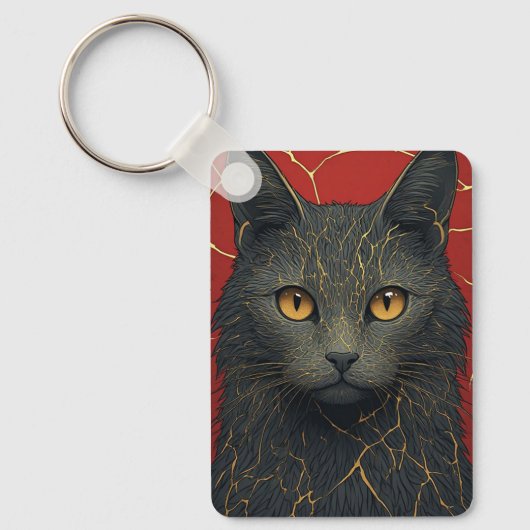 Zwarte Kat Met Gouden Kintsugi Barsten Accent ✨ Sleutelhanger (Voorkant)