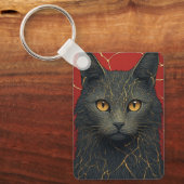 Zwarte Kat Met Gouden Kintsugi Barsten Accent ✨ Sleutelhanger (Voorkant)