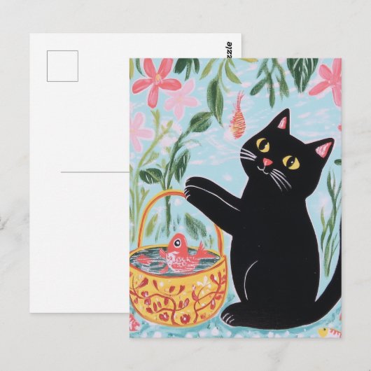 Zwarte kat met goudvis briefkaart (Voorkant / Achterkant)