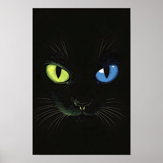 Zwarte kat met groene en blauwe ogen poster (Voorkant)