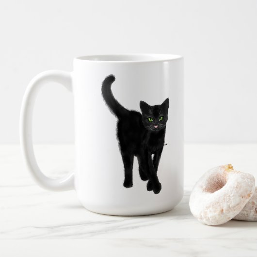 Zwarte kat met groene eyes-springprijsopgave koffiemok (Met donut)
