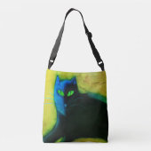 Zwarte kat met groene ogen Abstracte kunst Crossbody Tas (Achterkant)