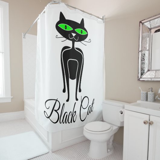 Zwarte kat met groene ogen douchegordijn (In situ)