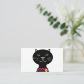 Zwarte kat met groene ogen en roze kraag visitekaartje (Staand voorkant)