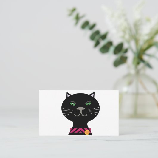Zwarte kat met groene ogen en roze kraag visitekaartje (Staand voorkant)