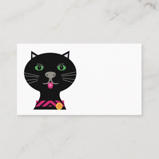 Zwarte kat met groene ogen en roze kraag visitekaartje (Achterkant)