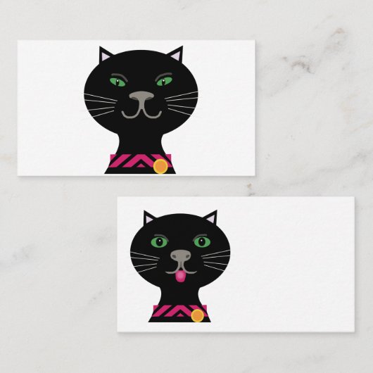 Zwarte kat met groene ogen en roze kraag visitekaartje (Voorkant / Achterkant)
