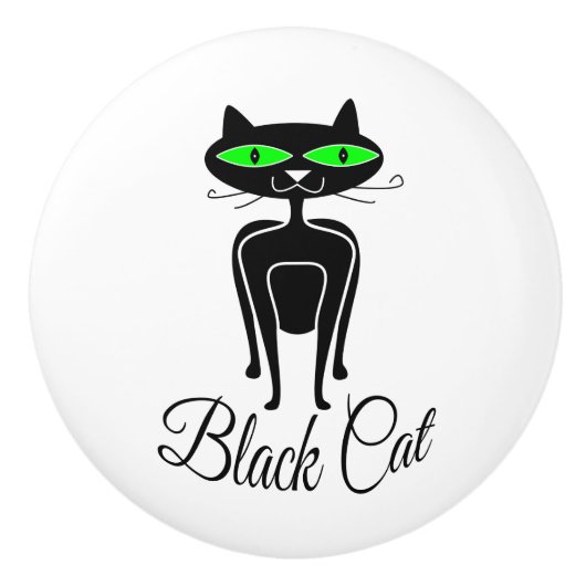 Zwarte kat met groene ogen keramische knop (Voorkant)