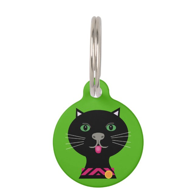 Zwarte kat met groene ogen op groene achtergrond huisdierpenning (Voorkant)