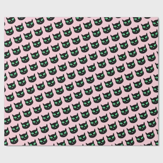 Zwarte kat met groene ogen op pastelroze cadeaupapier (Vlak)