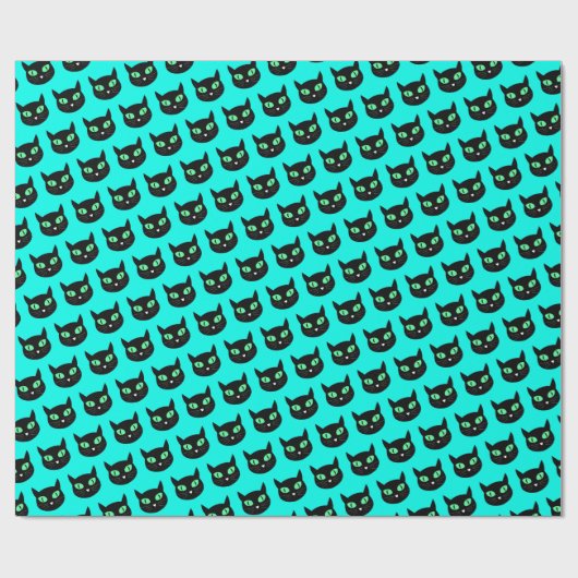 Zwarte kat met groene ogen op turquoise blauw cadeaupapier (Vlak)