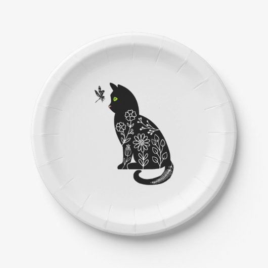 Zwarte kat met groene ogen papieren bordje (Voorkant)