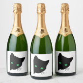 Zwarte kat met groene ogen sparkling wijnetiket (Flessen)