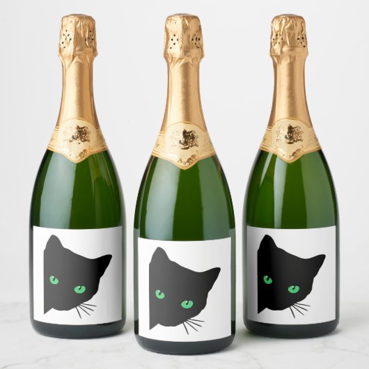 Zwarte kat met groene ogen sparkling wijnetiket (Flessen)