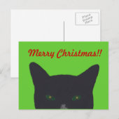 Zwarte kat met groene, rode "Vrolijke Kerstmis " Feestdagenkaart (Voorkant / Achterkant)